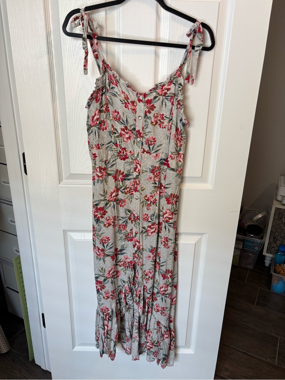 Angie Floral Tie-Shoulder Jumpsuit in White and Red